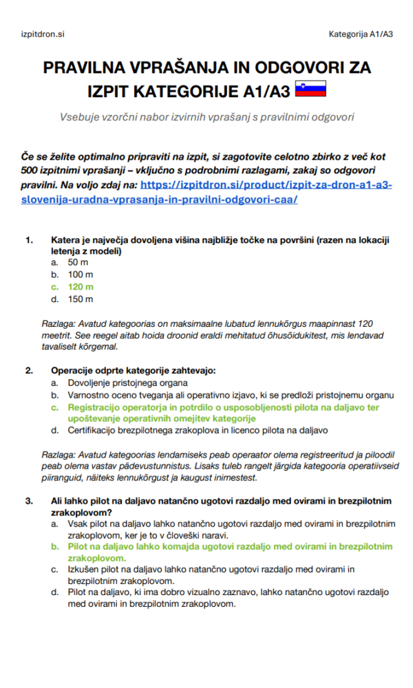 Izpit za dron A1/A3 Slovenija - Uradna vprašanja in pravilni odgovori (CAA) - slika 3