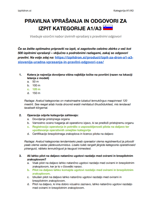 Izpit za dron A1/A3 Slovenija - Uradna vprašanja in pravilni odgovori (CAA)