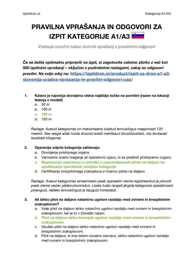 Izpit za dron A1/A3 Slovenija - Uradna vprašanja in pravilni odgovori (CAA) - slika 3