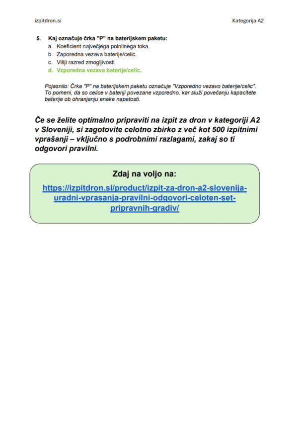 Izpit za dron A2 Slovenija - Uradni vprašanja, pravilni odgovori & celoten set pripravnih gradiv
