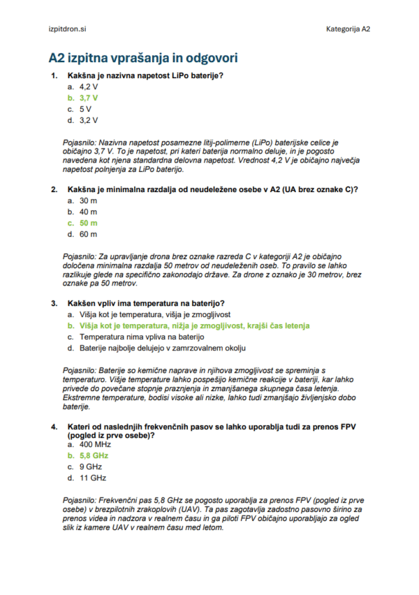 Izpit za dron A2 Slovenija - Uradni vprašanja, pravilni odgovori & celoten set pripravnih gradiv