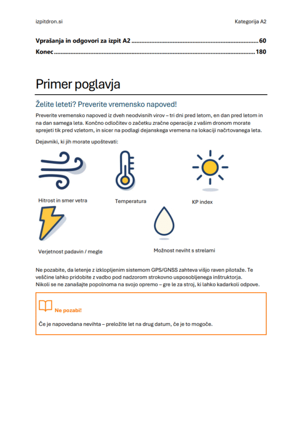 Izpit za dron A2 Slovenija - Uradni vprašanja, pravilni odgovori & celoten set pripravnih gradiv