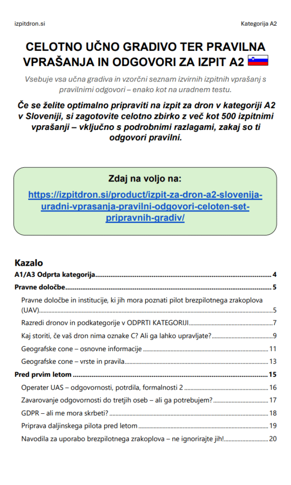 Izpit za dron A2 Slovenija - Uradni vprašanja, pravilni odgovori & celoten set pripravnih gradiv - slika 2