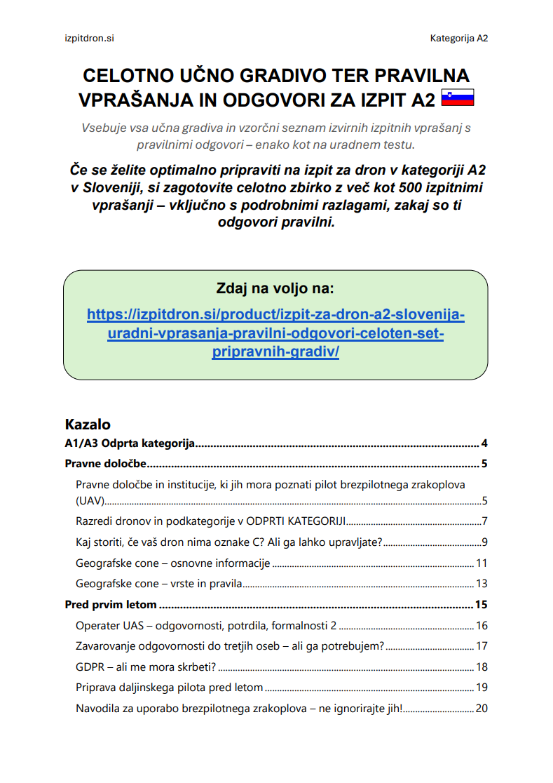 Izpit za dron A2 Slovenija - Uradni vprašanja, pravilni odgovori & celoten set pripravnih gradiv - slika 2